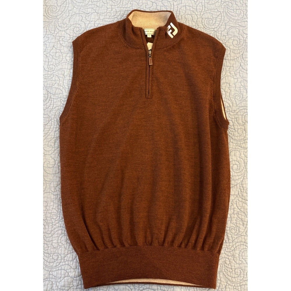 Peter Millar FootJoy Mens L  Rare Golf Sweater Vest 1/4 Zip Brown Merino Wool